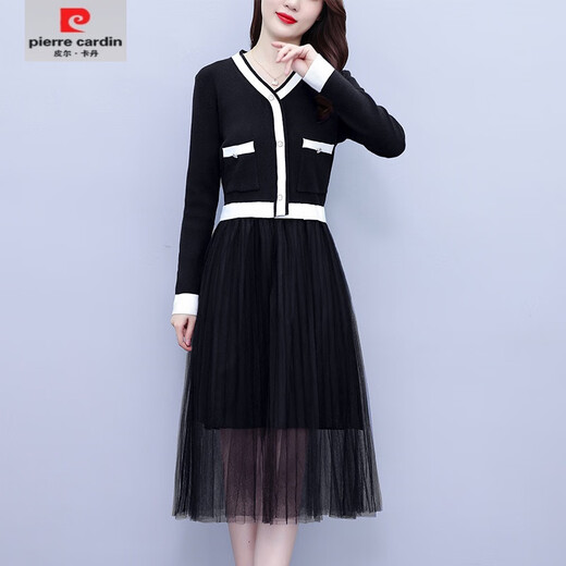 皮尔卡丹（pierre cardin）2025春秋连衣裙女新款毛衣裙假两件黑色蕾丝打底中长款针织连衣裙 黑色6172 L 【尺码建议95-110斤】