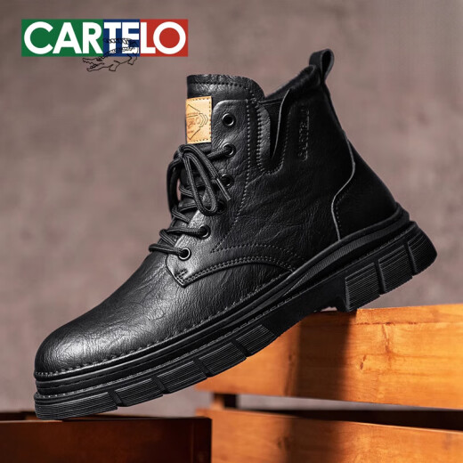 卡帝乐鳄鱼（CARTELO）马丁靴男黑色英伦中帮工装鞋2024新款秋冬款休闲高帮鞋 黑色-厚底潮流-7371 38 标准皮鞋码