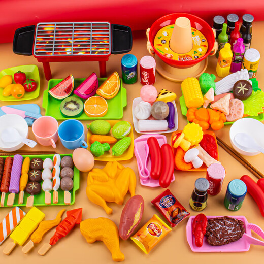 岁彩儿童过家家厨房玩具火锅旋转套装烧烤食材小火锅厨具宝宝仿真烤串 烧烤玩具 109件套+烤炉