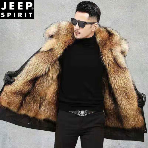 JEEP SPIRIT派克服男可拆卸冬季大衣外套仿狐狸毛内胆仿皮草中长款貂皮毛一体 姜黄色(工装款) 3XL /185 建议150-170斤