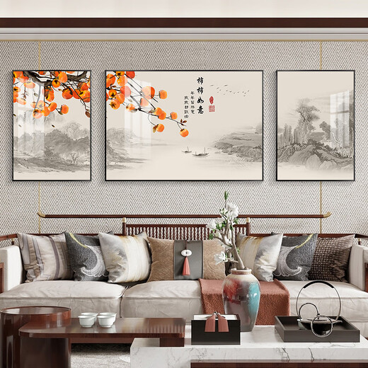皖西秘境新中式大气客厅沙发背景墙柿子挂画柿柿事事如意装饰中堂山水壁画 SL-753-柿柿如意 左右35*50cm/中间70*50cm 【典雅黑色】加厚铝框+有机玻璃