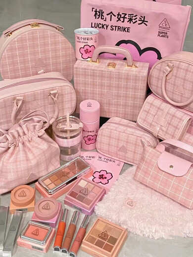 New product 3CE winter pink plaid storage box jewelry box blue cosmetic box portable handheld mirror carry-on luggage plaid cosmetic bag