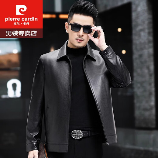 皮尔卡丹（pierre cardin）海宁真皮皮衣男头层牛皮中青年翻领大码休闲商务皮夹克薄款爸爸装 黑色翻领 3XL