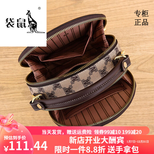 袋鼠轻奢品牌ins小圆包小包包女包2023肩带时尚百搭宽新款手提单肩包 棋盘格-咖啡 2根肩带