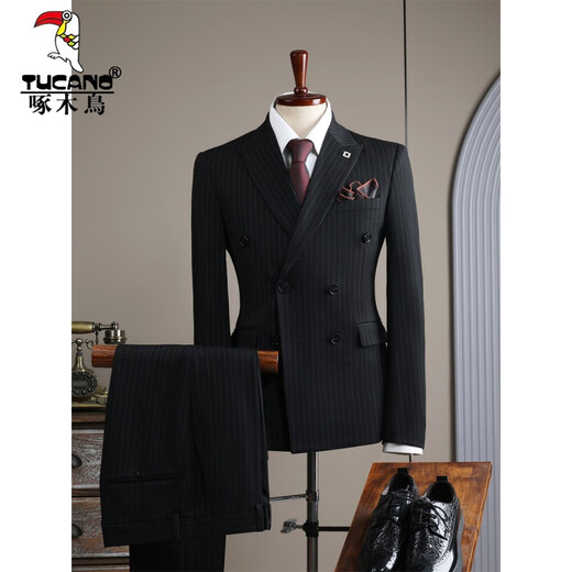 Woodpecker (TUCANO) double-breasted striped suit men's suit casual groom wedding dress business slim suit suit men 6831 black stripes (suit + trousers) 52/XL (125-135Jin Jin equals 0.5 kg)