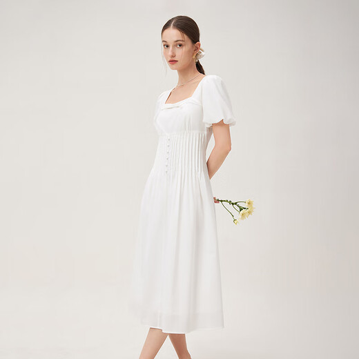 Fans Lane French romantic bow design dress 2024 summer new square neck skirt 12392 white XL