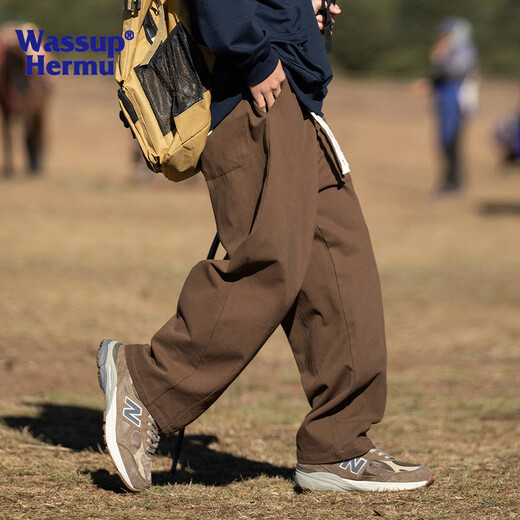 WASSUP HERMU official pure cotton casual pants for men and women, spring and summer overalls, mountain style sports drape, loose solid color straight long pants, brown L (recommended 120-145Jin Jin equals 0.5kg)