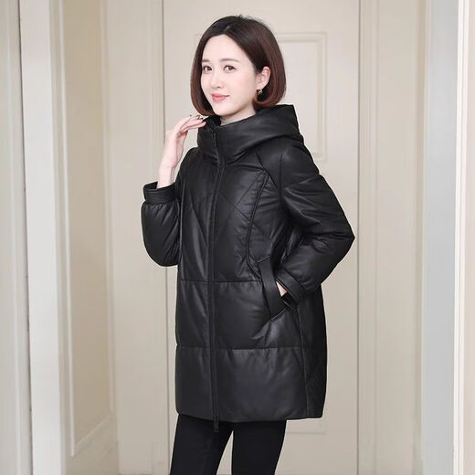 Yunqi Qianqiu Haining genuine leather down jacket women's mid-length 2025 winter new casual hooded sheepskin leather jacket black M recommended 100-115Jin Jin equals 0.5 kg