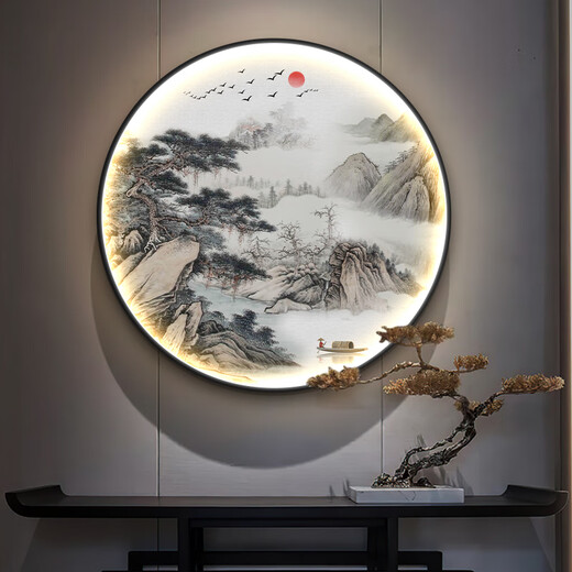 Paidan Xianmeng New Chinese Style Decorative Painting Round Luminous Painting Entry Hall Living Room Painting Landscape Painting Zen Tea Room Hanging Painting Ink Painting Spring Swallow Ink Bamboo - Aluminum Alloy Black Frame/Crystalline Porcelain Surface Diameter 50cm - No Light Style