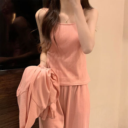 猫人四季款睡衣女纯棉2025年新款纯欲风甜美带胸垫简约蓝色三件套装 三件套 831 杏色 带胸垫可拆 M 建议80-95斤