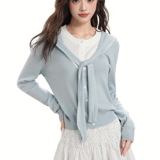 CHOCOOLATE it women's sweater Korean style shawl fake two-piece sweater for women 2025 autumn and winter waist slimming top blue one size