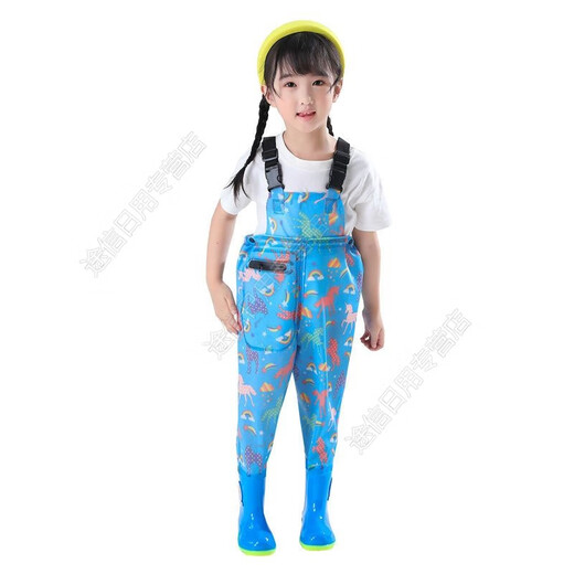 The little cleaner chooses water fork pants for children, water suits for playing in the sea, waterproof waders, jumpsuits for kindergarten, children's beach rain boots for men and women, children's dinosaur overalls with pockets, size 34 (shoe inner length 21c)