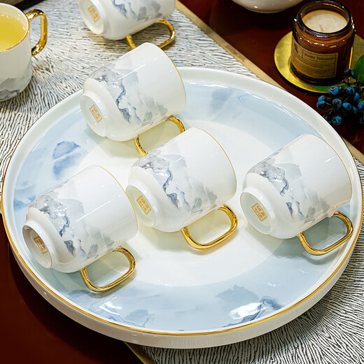 Han Ming new Chinese style tea set complete set for housewarming gift Jingdezhen water cup teapot living room household high-end ceramic cup set high-end bone china tea set 8-piece gift box