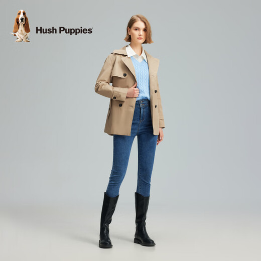 Hush Puppies Women's Autumn Simple and Attractive Waist Hooded Windbreaker Jacket 130 Khaki M