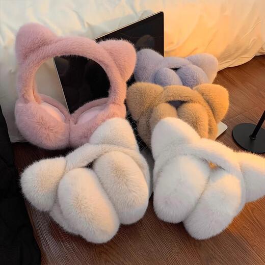 Winter earmuffs cute warm cat ears ear protection plush cycling antifreeze and coldproof earmuffs cover foldable student 2 cat ears warm beige