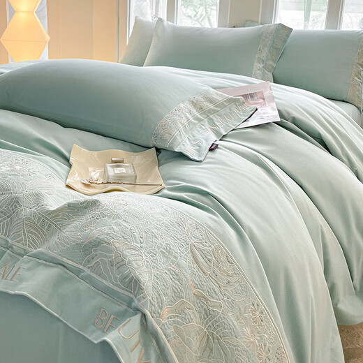 Mercury Series Autumn and Winter Class A 100 Count High Precision Cotton Sanding Four-piece Set Light Luxury Thickened Warm Pure Cotton Quilt Cover Bedding Class A Maternal and Infant Grade Heavy Industry Embroidery Admiration - Night Gray 1.8 Sheet Style Four-piece Set - Quilt Cover 200x230