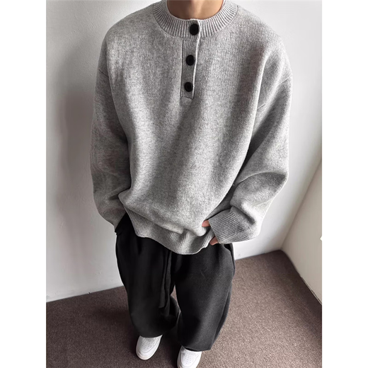 Jufeng light gray Henry collar velvet sweater men's autumn and winter lazy style high-end knitted sweater thickened American polo gray velvet upgraded model 95% users choose 2XL