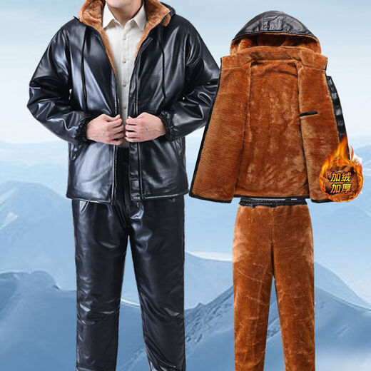 Qisiman Men's Leather Jacket and Leather Pants Suit with Velvet and Thickening for Dad, Windproof and Oil-proof Takeaway Rider Driving Cold-resistant Leather-Cotton Jacket Leather Jacket Suit with Velvet 3XL 140-158
