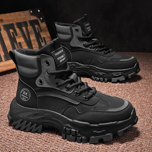 Zhenxi Martin Boots Herren Sommer dicker alleinerhöhenhöhe britischer High-Top-Arbeitsstiefel im Freien im Außenberufung von Anti-Slip-Wege-resistenten Arbeitsschuhen Schwarze Höhe von etwa 5 cm [Größe 42]
