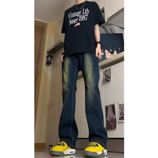 迪伽达 牛仔裤男士宽松春季新款美式高街微喇修身潮牌直筒阔腿裤子男 HCFS-9904藏青色 L
