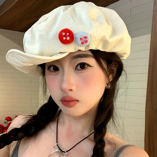 赫僮日系复古棉麻八角云朵帽夏季彩色纽扣前进帽显脸小贝雷帽QT-254 草莓前进贝雷帽 55-59CM