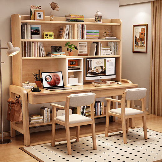 Huixun solid wood double desk bookshelf integrated table student home study table liftable bedroom wall extension computer desk walnut color #double desk + bookshelf 160cm*60cm*75cm total height 190cm