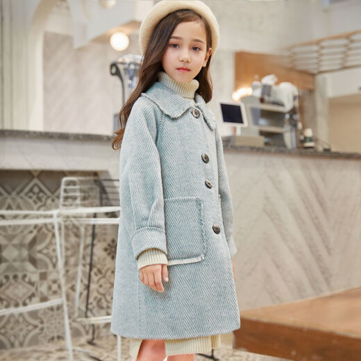 Disney Girls Wolljacke Herbst und Winter neuer koreanischer Stil verdickter Baumwollwölfungsmantel mit mittlerer Länge modischer Frühling und Herbst hellblau [Baumwollfutter] 160