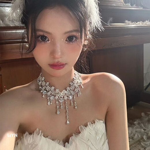 WSAY胖东来品质婚纱项链配饰新款新娘锆石水钻耳环饰品结婚套链礼服韩 项链+耳环套装(耳夹) L