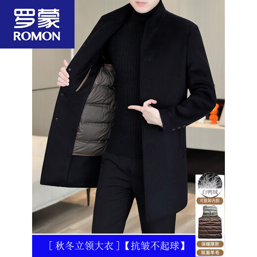 ROMON woolen coat men's mid-length double-sided woolen down lining coat autumn and winter thickened stand-up collar windproof coat M 95-115Jin Jin equals 0.5 kg M HYX-N24628 black stand-up collar wool double-sided woolen coat available