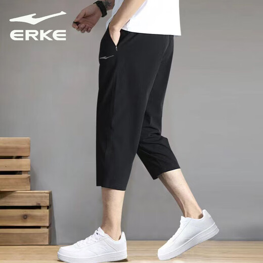 鸿星尔克（ERKE）男裤冰丝七分裤夏季户外运动裤男士宽松透气休闲裤时尚百搭跑步裤 正黑 XL (体重135-150斤)