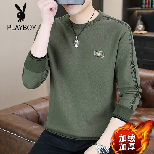 Playboy (PLAYBOY) Classic European Station 2025 Autumn and Winter New Men's Round Neck Velvet Sweatshirt Trendy Brand Fashion Pullover Bottoming Shirt White L
