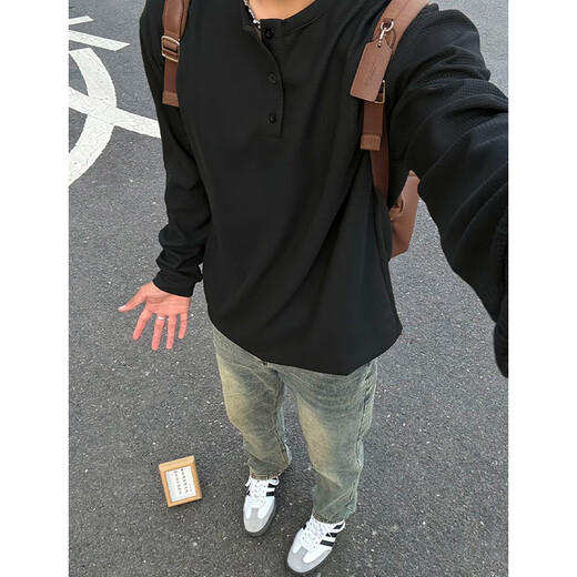 Katuchi American Henry collar long-sleeved T-shirt for men in spring and autumn waffle handsome sweatshirt loose casual inner bottoming shirt for men black regular style L