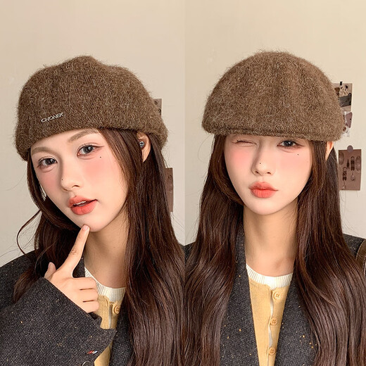 Panxing Korean version of ins style beret, worn backwards, high-end fashion forward hat, versatile autumn and winter face-showing small knitted painter hat, brown, one size fits all