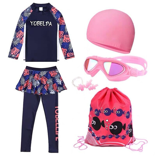 Yobel's new sun protection surfing suit for girls, medium and large children's swimsuit, long-sleeved wetsuit, split children's swimsuit suit, dark blue leaf five-piece suit XXL