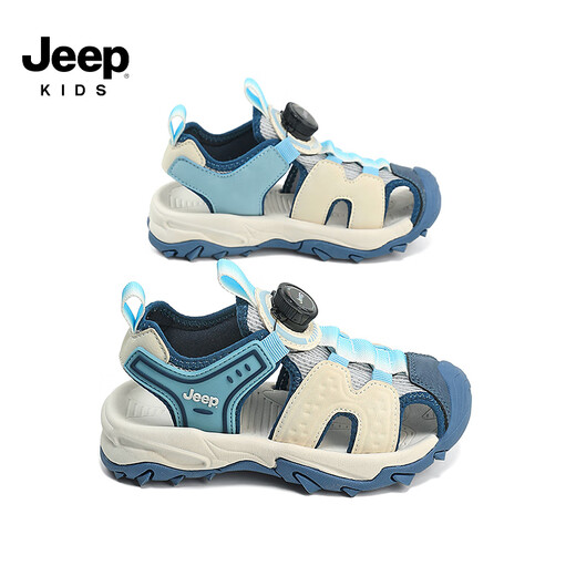 Jeep children's toe-toe sandals boys lightweight breathable casual shoes 2025 girls summer hollow anti-slip beach shoes white/blue 29 shoe inner length approximately 18.4cm