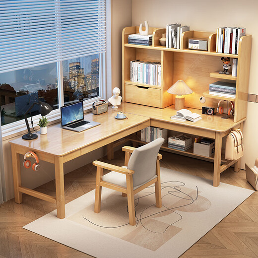 Huixun solid wood corner desk bookshelf integrated corner desk home bedroom study table junior high school student writing desk walnut color #desk + bookshelf 140cm*60cm*134cm auxiliary seat length 120cm