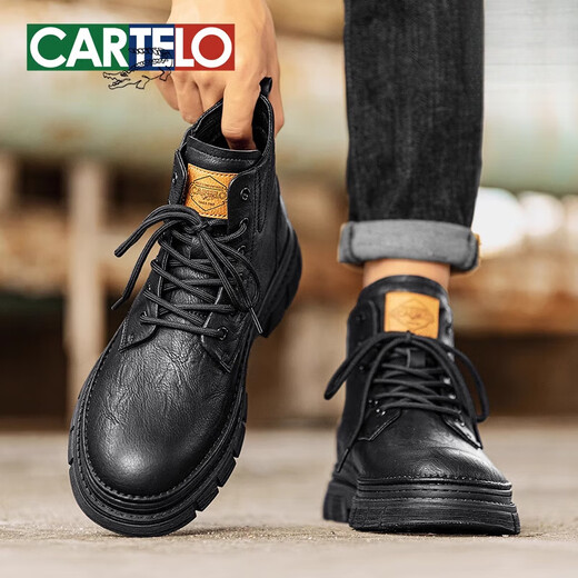 卡帝乐鳄鱼（CARTELO）马丁靴男黑色英伦中帮工装鞋2024新款秋冬款休闲高帮鞋 黑色-厚底潮流-7371 38 标准皮鞋码