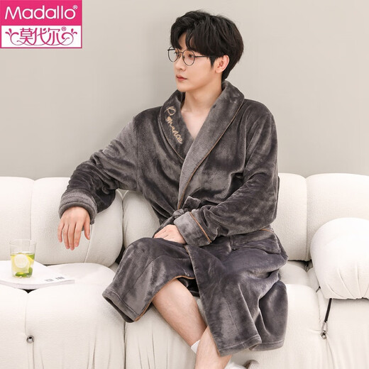 Modal Coral Fleece Nightgown Men's Winter Extra Long Thickened Flannel Bathrobe Men's Large Size Velvet Pajamas Autumn and Winter Bathrobe Men's R Embroidered Lettering Smoke Gray L