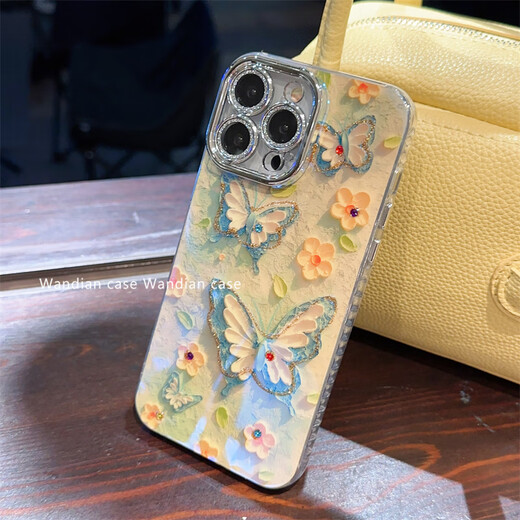 鹿途者 DEERWALKins蓝光水钻蝴蝶适用苹果15pro max手机壳iphone13腕带链条11新款12高级感小众14promax网红保护套 蓝光水钻蝴蝶+手链 iPhone 13