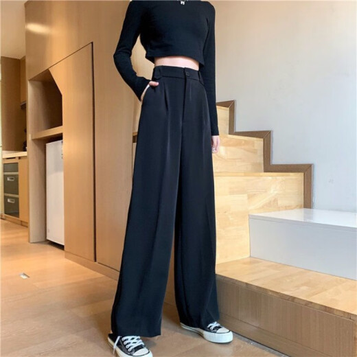 Muxiya (Muxiya) Pantalones de traje negro para mujeres en primavera y otoño estilo coreano delgado ceñido de cintura alta y adelgazamiento de pantalones casuales de piso ancho de piernas abiertas 1047# [negro un botón] L [sugerido 108-120Jin [Jin equivale a 0.5 kg]]