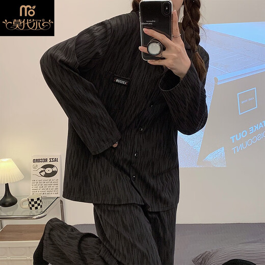 莫代尔2025年新款纯棉睡衣女士春秋冬季感长袖外穿加大码家居服套装 白色12129坑条英文 L