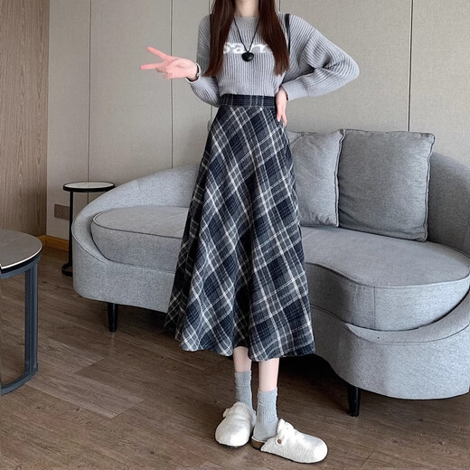 Miao Yijia Plaid Wool Skirt Winter Women's New Winter Skirt Long Skirt College Style Skirt A-Line Style and Versatile College Style Woolen Plaid Umbrella Skirt Blue Regular L Recommended 110-125 Jin Jin equals 0.5 kg