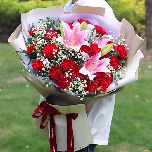 Xinyi Flower Express Roses and Carnations Bouquets as Gifts for Mom and Elders Nationwide Flower Delivery in the City 19 Carnations and Lilies Mixed and Matched Bouquets in Gypsophila Style