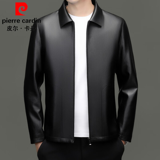 Pierre Cardin high-end leather jacket men's spring and autumn new lapel leather jacket middle-aged dad business casual cycling PU leather jacket coffee color 2XL (185)
