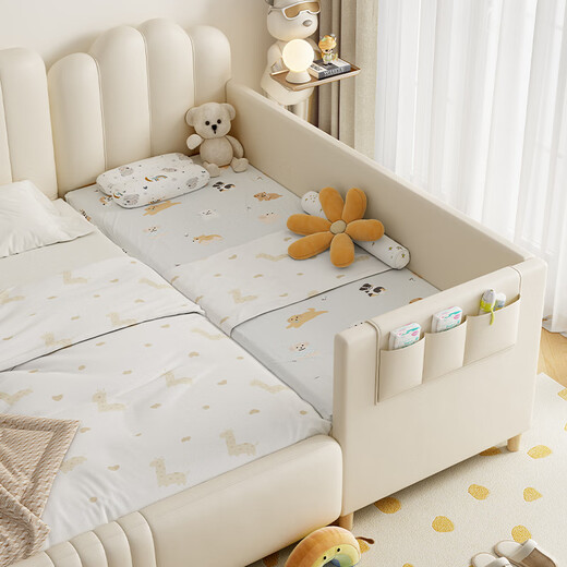 The Lord of Yijia Chips Children's Spliced Bed Newborn Baby Widened Bed Flat Connected to Large Bed Breathable Anti-collision Heightened Guardrail Baby Bed Chips + Baby Grade 4D Small Blue Mat 200*60