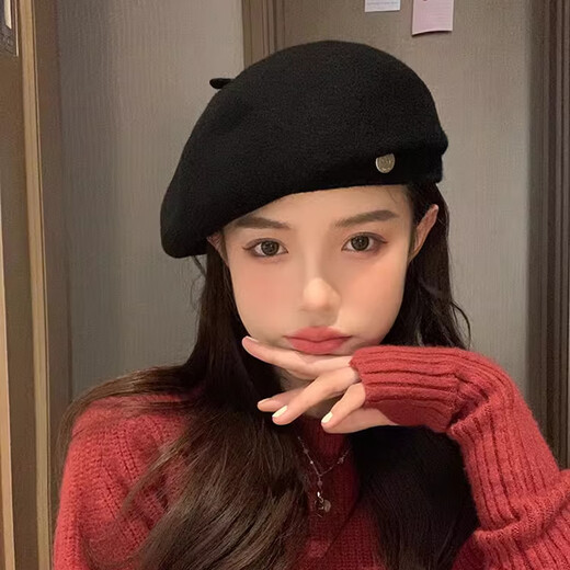 妙奕嘉羊毛贝雷帽女帽子秋冬女士报童帽2024新款春秋时尚洋气画家帽百搭 毛呢小尾巴金属扣贝雷帽【黑色】