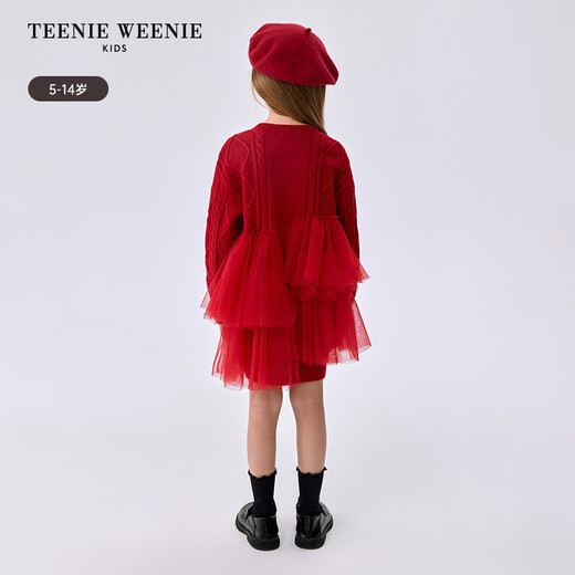 Teenie Weenie Kids 25 Years New Year Girls Sweet Splicing Mesh Woolen Skirt Red 150cm