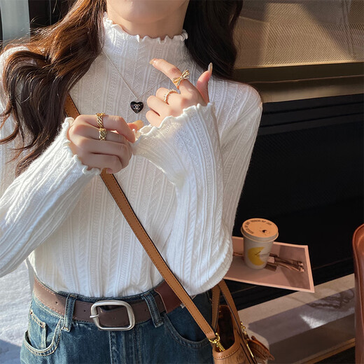 Yu Zhaolin white bottom shirt for women, half turtleneck sweater, ear-trimmed sweater, autumn and winter top