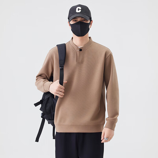 Jiebinlu high-end solid color sweatshirt for men spring and autumn 2025 new trendy loose Henry collar top men's casual bottoming shirt dark gray M recommended 100-120Jin Jin equals 0.5 kg