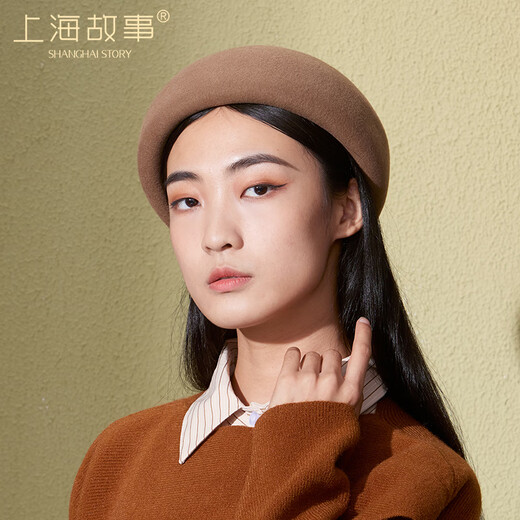 Shanghai Story Women's 100% Wool Hat Autumn and Winter Warm Woolen Beret Showing Face Small Birthday Gift Camel